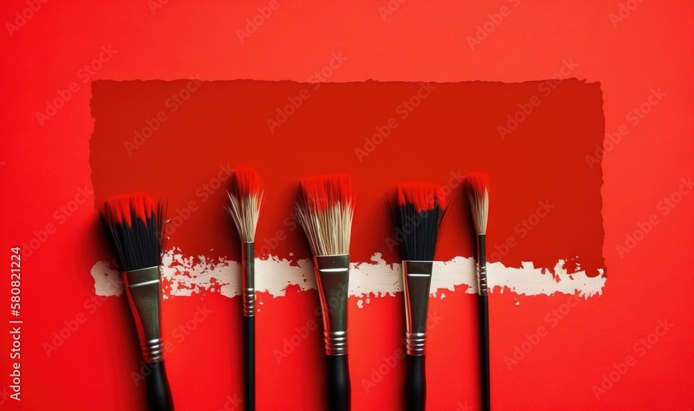 Poster a group of paint brushes sitting on top of a red surface with a torn piece of paper in the middle of