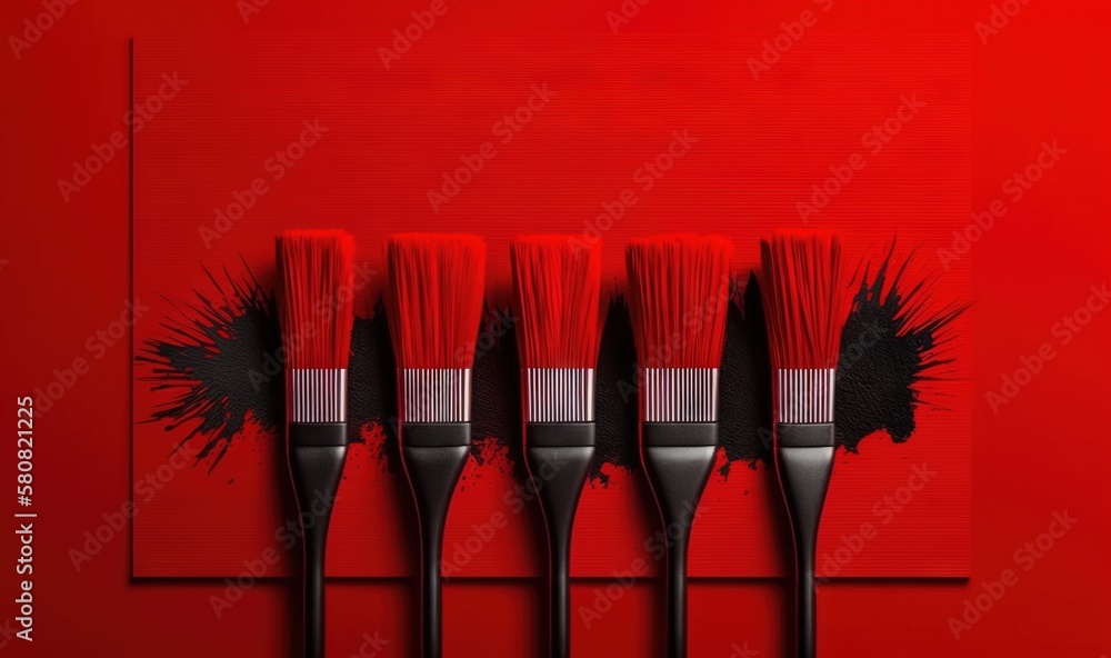 Poster five brushes lined up in a row on a red background with a red rectangle in the middle of the row and