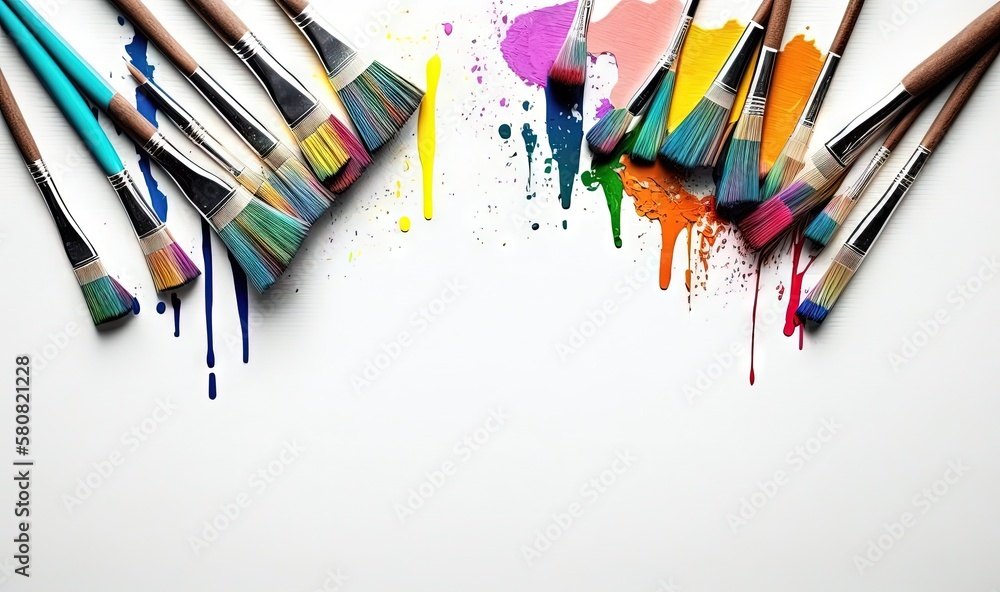 Poster a group of paintbrushes with different colors of paint splattered all over the top of the brushes on