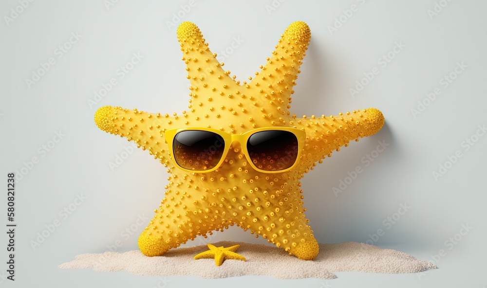 Poster a yellow starfish wearing sunglasses on top of a white surface with a starfish in the middle of the 