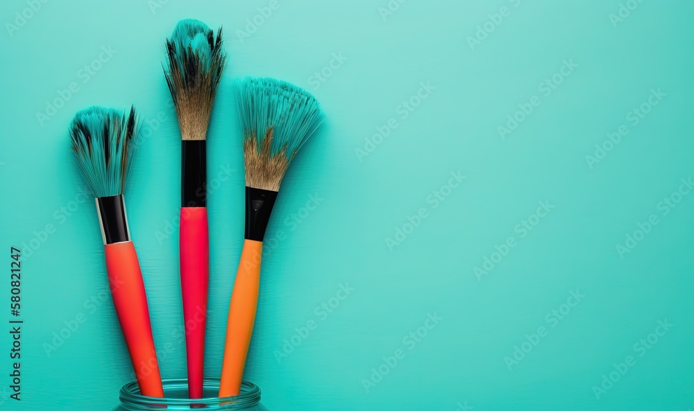 Poster three brushes in a jar on a blue background with a red handle and a black handle and two orange and 