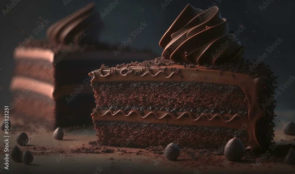 Poster a piece of chocolate cake with chocolate frosting and chocolate eggs around it on a table with a dar