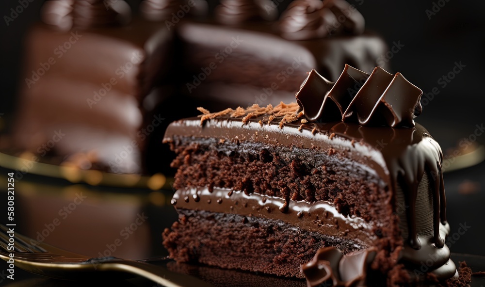 Poster  a slice of chocolate cake with chocolate frosting on a gold plate with a fork and a slice of chocolate cake with chocolate frosting on top.  generative ai