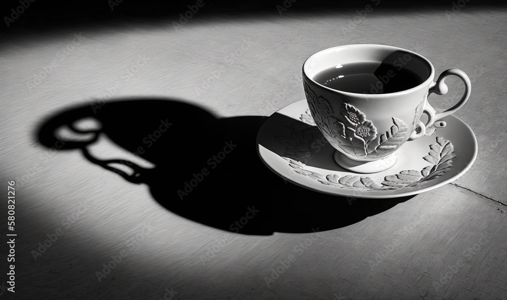 Aufkleber a cup of coffee sitting on top of a saucer on a saucer on a table with a shadow of a leaf on it. gen