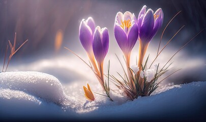  a group of purple flowers sitting on top of a snow covered ground next to a pile of snow covered grass and plants in the snow. generative ai