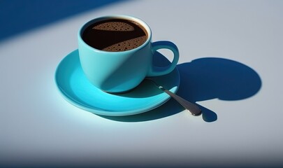  a cup of coffee on a saucer with a spoon next to it on a white tablecloth with a shadow of a spoon on it.  generative ai
