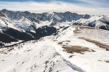Aerial view of Rocky Mountains near Loveland Pass, Colorado, USA during Winter.