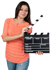 Attractive Woman Standing with Clapperboard - Isolated