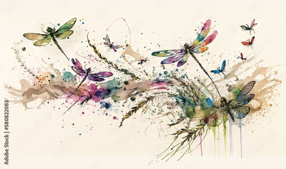 Poster a watercolor painting of dragonflies and flowers on a white background with splots of paint on the b