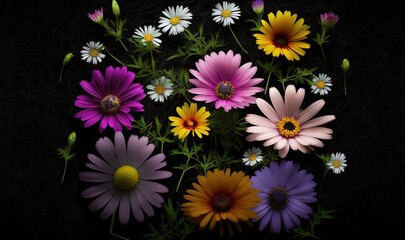  a bunch of different colored flowers on a black background with a black background behind them and a black background behind them with a black background.  generative ai