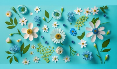  a blue background with white and blue flowers and leaves and a glass of water on top of the flowers and leaves on the bottom of the image.  generative ai