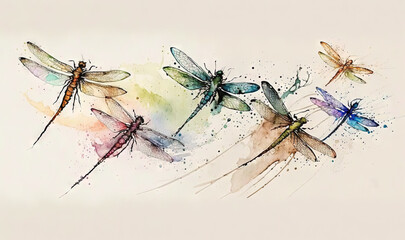  a group of dragonflies sitting on top of a white wall next to a white wall with watercolor splashes on it's surface.  generative ai