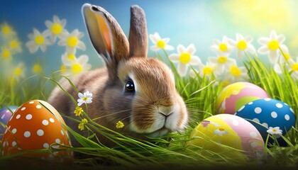 Easter hare in grass with many colorful eggs. Generative AI