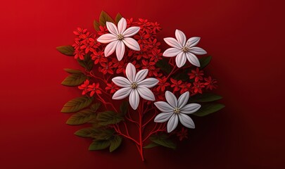  a bunch of white and red flowers on a red background with green leaves and red stems on the bottom of the picture is a red background.  generative ai