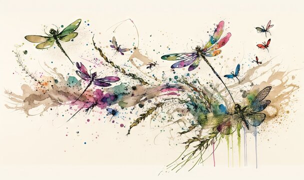  a watercolor painting of dragonflies and flowers on a white background with splots of paint on the bottom of the image and bottom half of the image.  generative ai