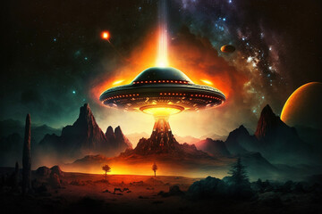 Fototapeta na wymiar UFO Spaceship Flying Saucer Alien Beaming to Earth Landscape Smoke Clouds Space Generative AI