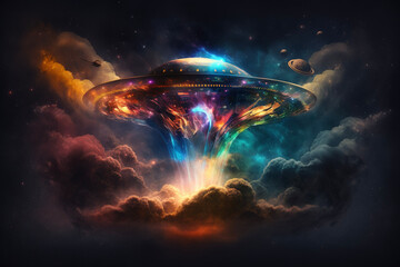 Fototapeta na wymiar UFO Spaceship Flying Saucer Alien Beaming to Earth Landscape Smoke Clouds Space Generative AI