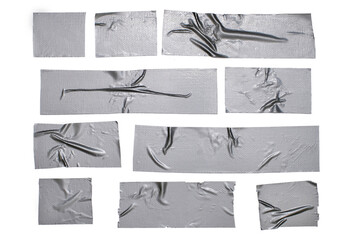 Pieces of gray construction tape are glued in folds to a white background. Torn off pieces of gray...