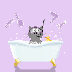 illustration of a nice cat on bath tube for pet grooming