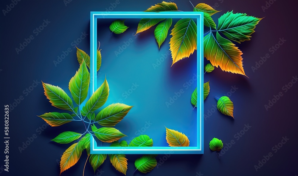Poster a blue frame with leaves surrounding it on a blue background with a blue border in the middle of the