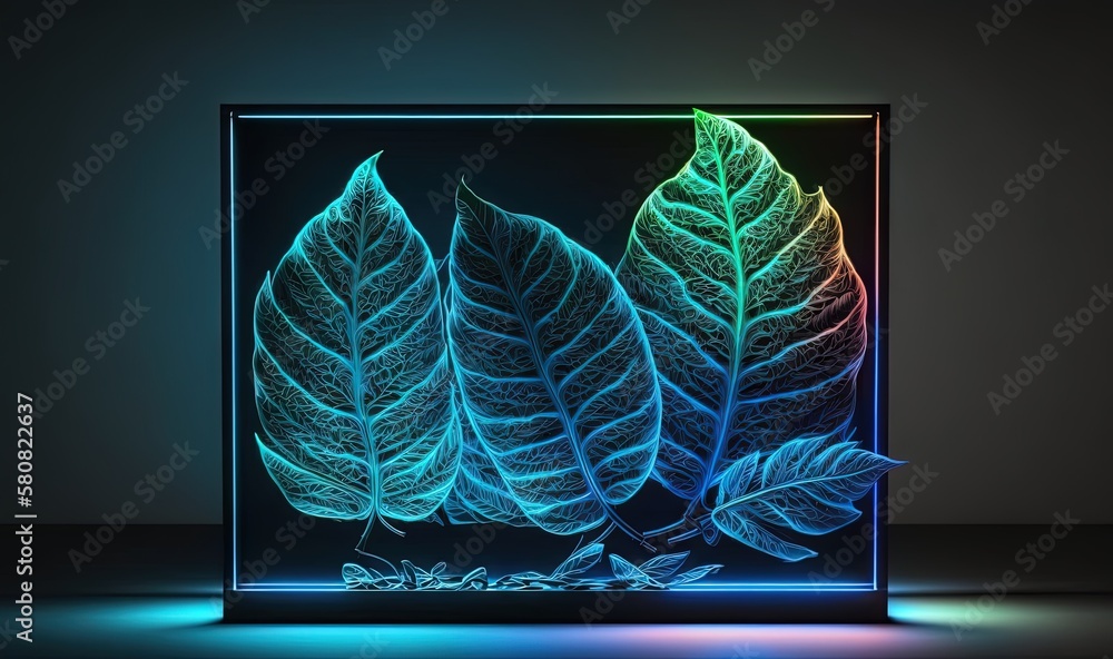 Poster a neon lit picture of three leaves in a square frame on a dark surface with a blue light coming from