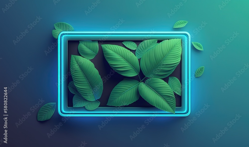 Poster a blue square frame with green leaves in the center of it on a blue background with a blue border ar