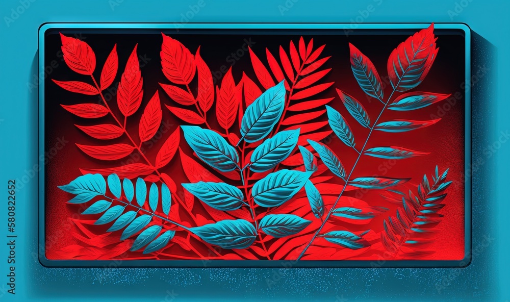 Poster a red and blue picture of leaves on a blue background with a red light in the middle of the picture 