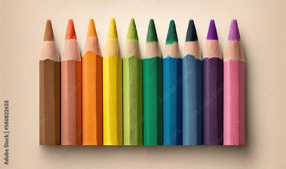 Poster a row of colored pencils sitting on top of a wooden box of colored crayons on a beige background wit