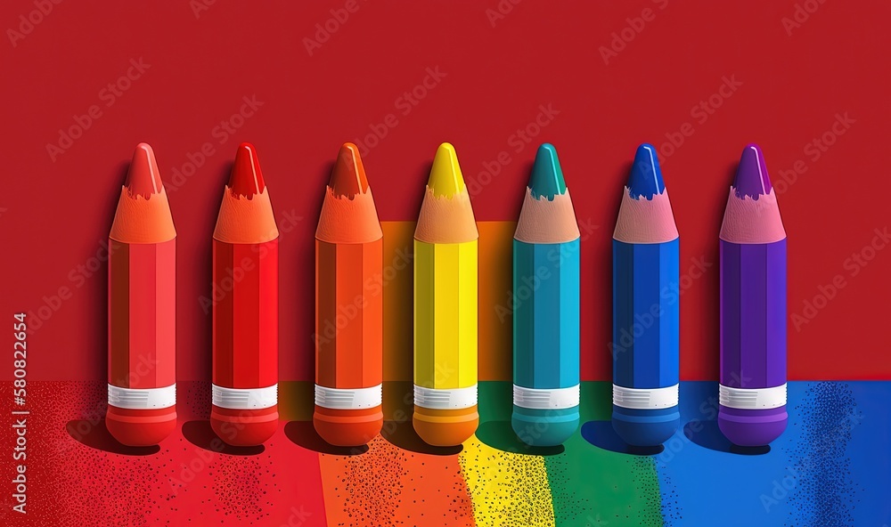 Poster a row of colored pencils on a red background with a rainbow in the middle of the row of the pencils 