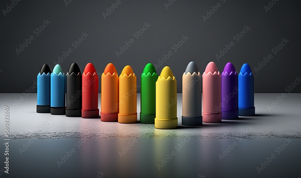 Poster a row of colored crayons sitting on top of a table next to each other on a gray surface with a refle
