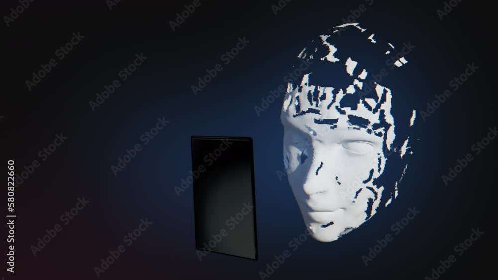Poster facescan of digital ai face with smartphone. unlocking screen, granting access