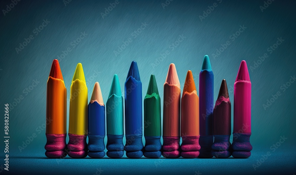 Poster a row of colored crayons lined up in a row on a blue background with a blue background behind them a