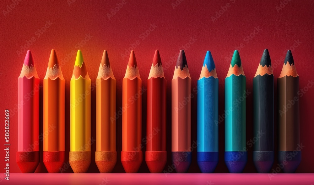 Poster a row of colored pencils lined up against a red wall with a red background and a red wall behind the