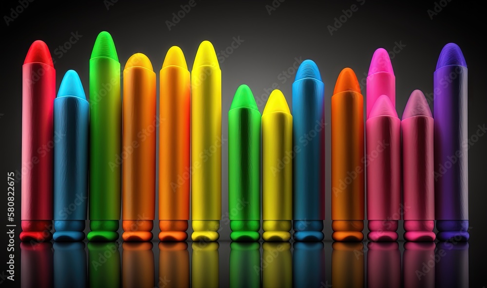 Poster a row of different colored crayons on a black background with a reflection on the floor and a black 