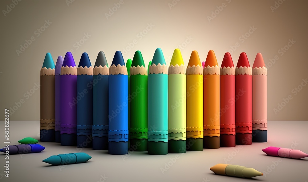 Poster a row of colored crayons sitting next to each other on a table next to a row of smaller crayons on t