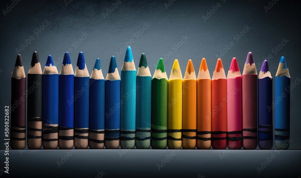 Poster a row of colored pencils lined up in a row on a black background with a reflection of the pencils in
