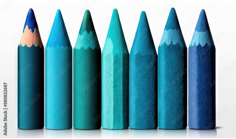 Poster a group of blue pencils lined up in a row on a white background with a reflection of the pencils in 