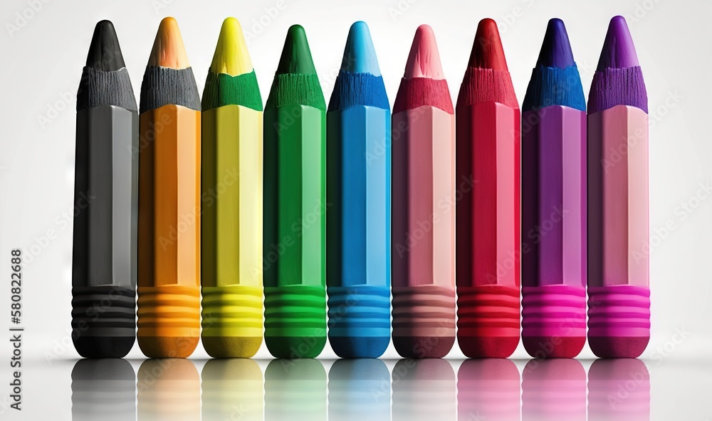 Poster a row of colored pencils lined up in a row on a white surface with a reflection on the floor and a w