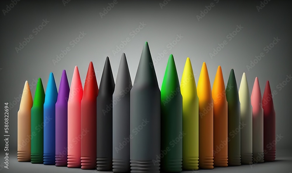 Poster a row of colored pencils sitting in a row on a gray background with a black background behind them a