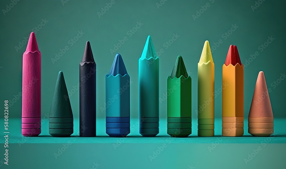 Poster a row of different colored crayons on a green background with a blue background and a green backgrou