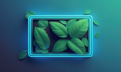  a blue square frame with green leaves in the center of it on a blue background with a blue border around the edges of the frame.  generative ai