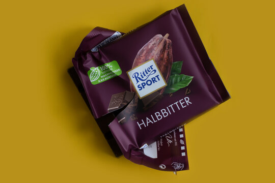 February 19, 2022 Ukraine city Kyiv chocolate from the company Ritter Sport on a colored background