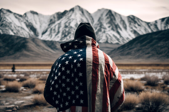 Man seen from behind wearing a US flag vest - Ai generative