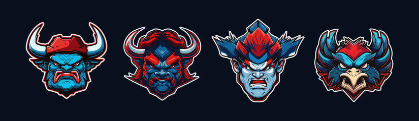 Cartoon animal head, red and blue sport logo collection with white outlined. Angry face of bull, giant, aviator and eagle characters. Sport team mascot set. Vector illustration