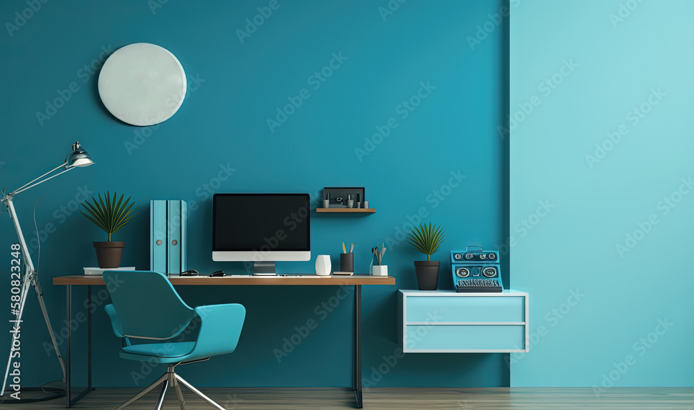 Poster a desk with a computer and a lamp on it in a room with a blue wall and a clock on the wall above the