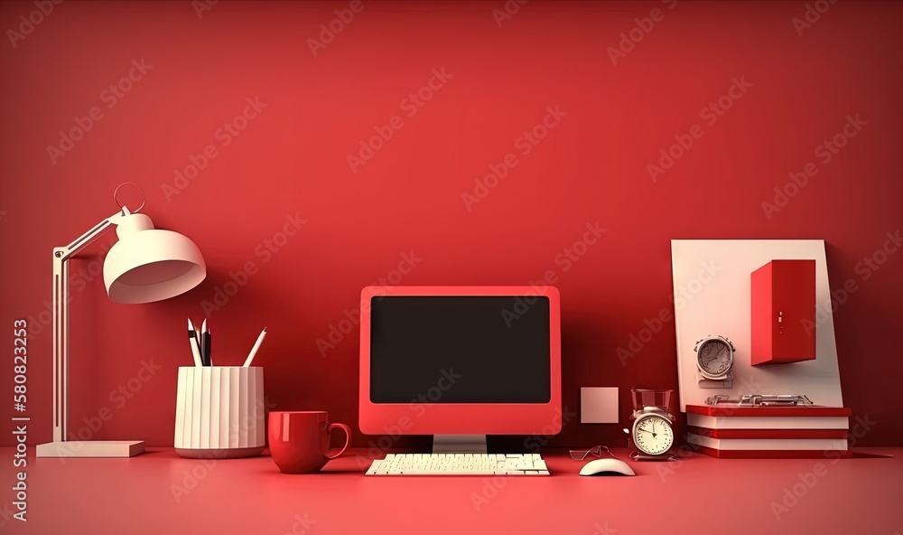 Poster a computer monitor sitting on top of a desk next to a lamp and a clock on a desk top next to a cup a