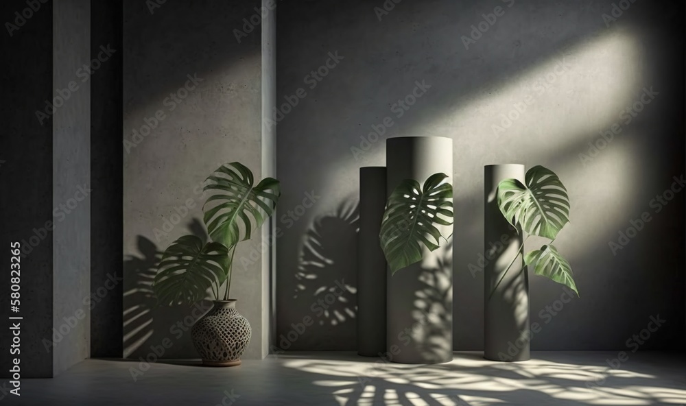 Aufkleber three tall vases with plants in them on a table next to a wall with a shadow cast on the wall and a 