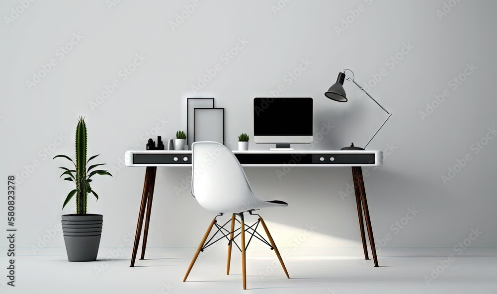 Poster a white desk with a computer and a plant in a room with a white wall and a white chair with a black 