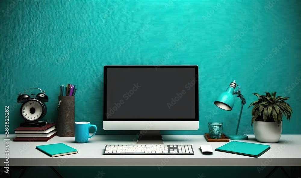 Poster a desktop computer sitting on top of a desk next to a cup of coffee and a lamp on top of a desk next