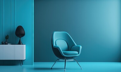  a blue chair sitting in a room next to a white cabinet and a blue wall with a mirror on it and a lamp on top of it.  generative ai